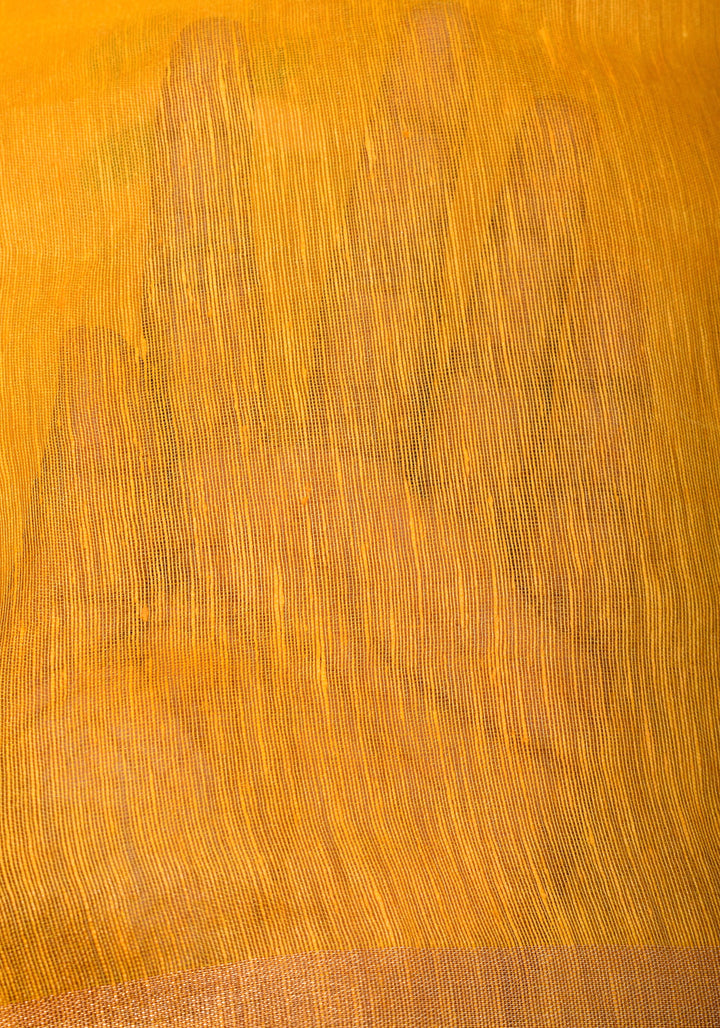 Yellow  Silk Linen Moti Nath Embroidery  and Woven zari Borders and Long Tassels