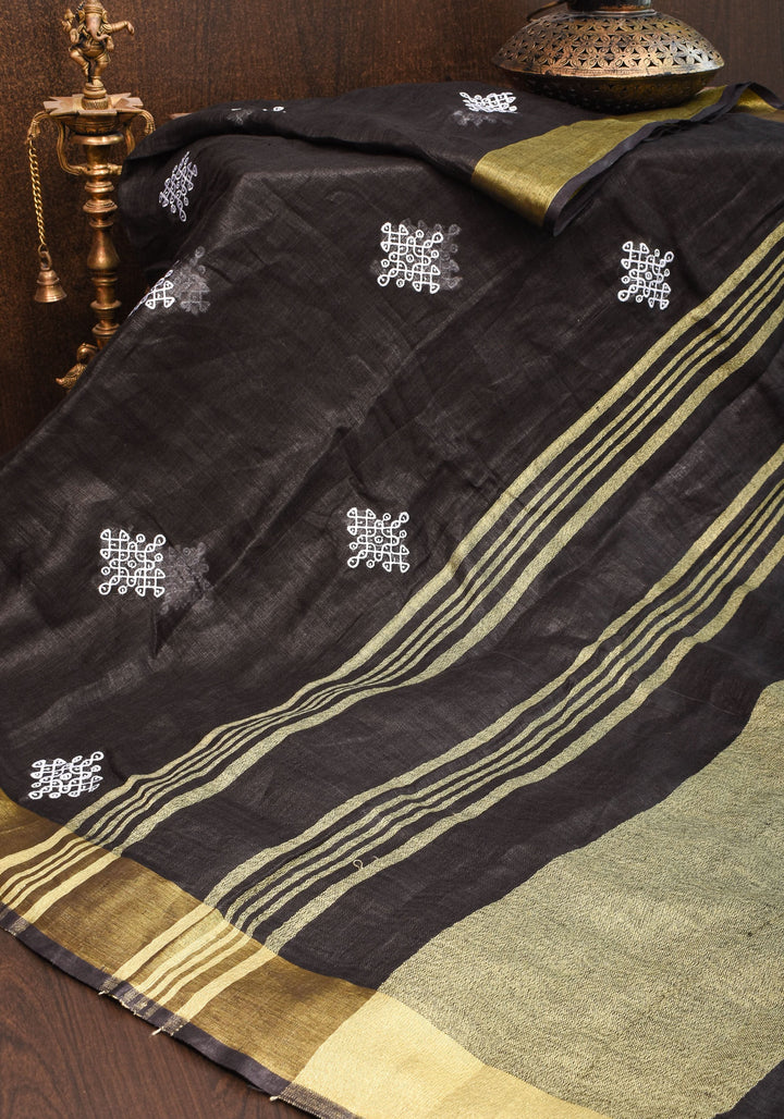 Black Linen by Linen Saree with Rangoli Embroidery