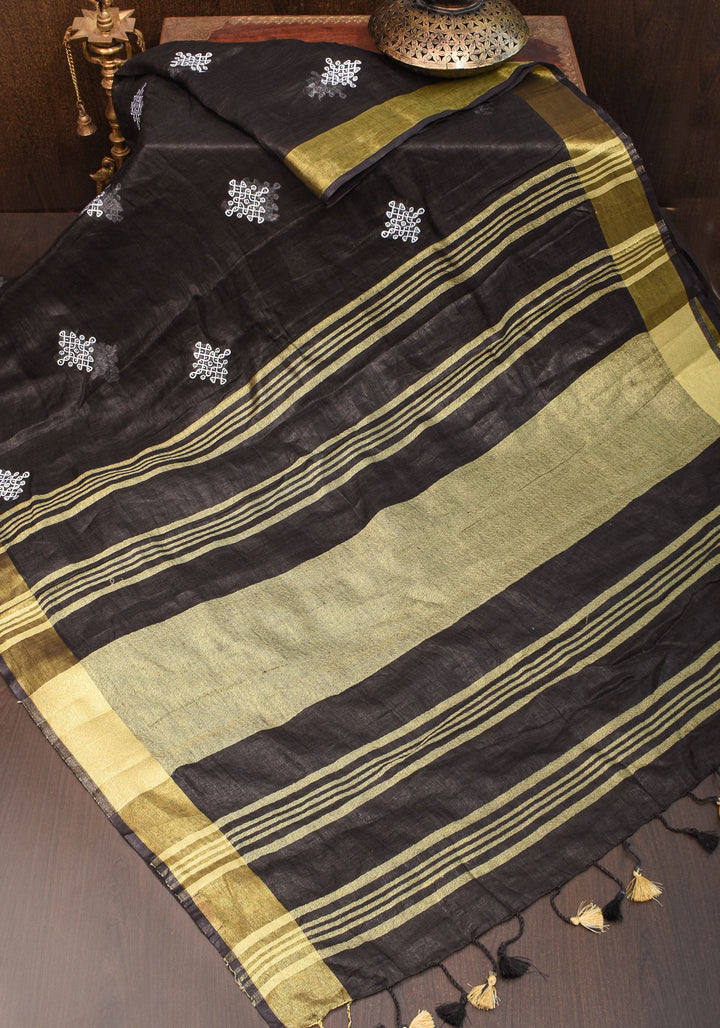Black Linen by Linen Saree with Rangoli Embroidery