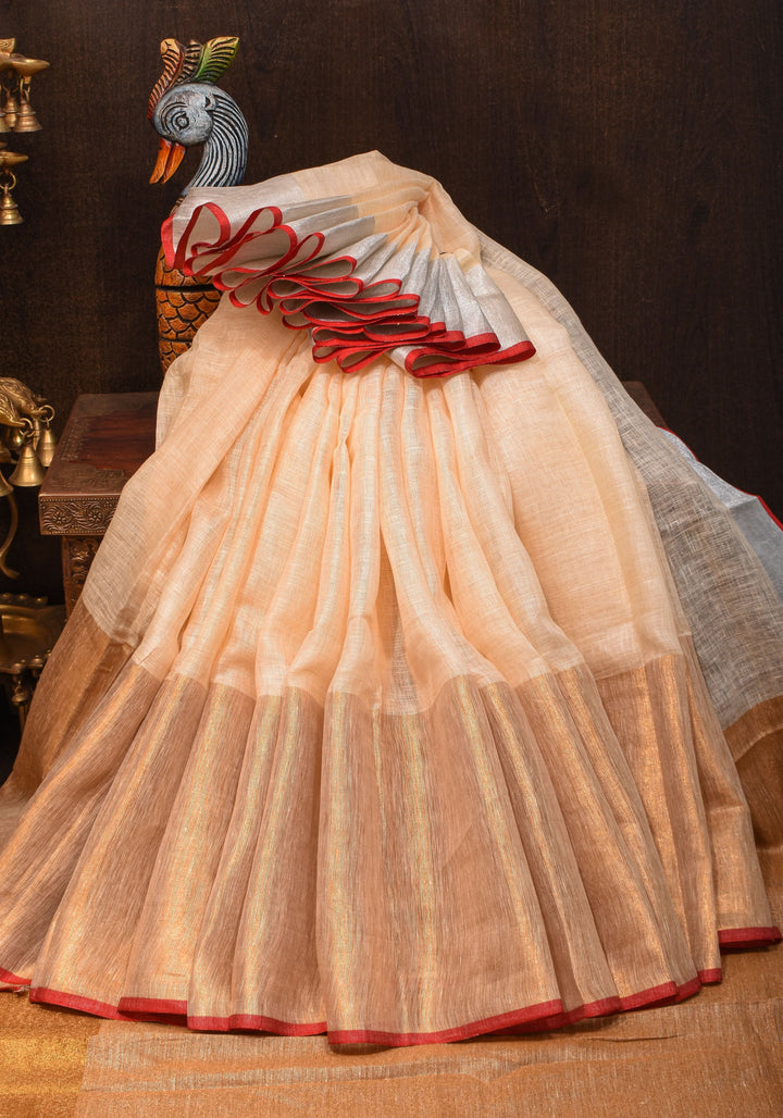 Ivory Ganga Jamuna Zari Border Pure Linen by Linen Saree