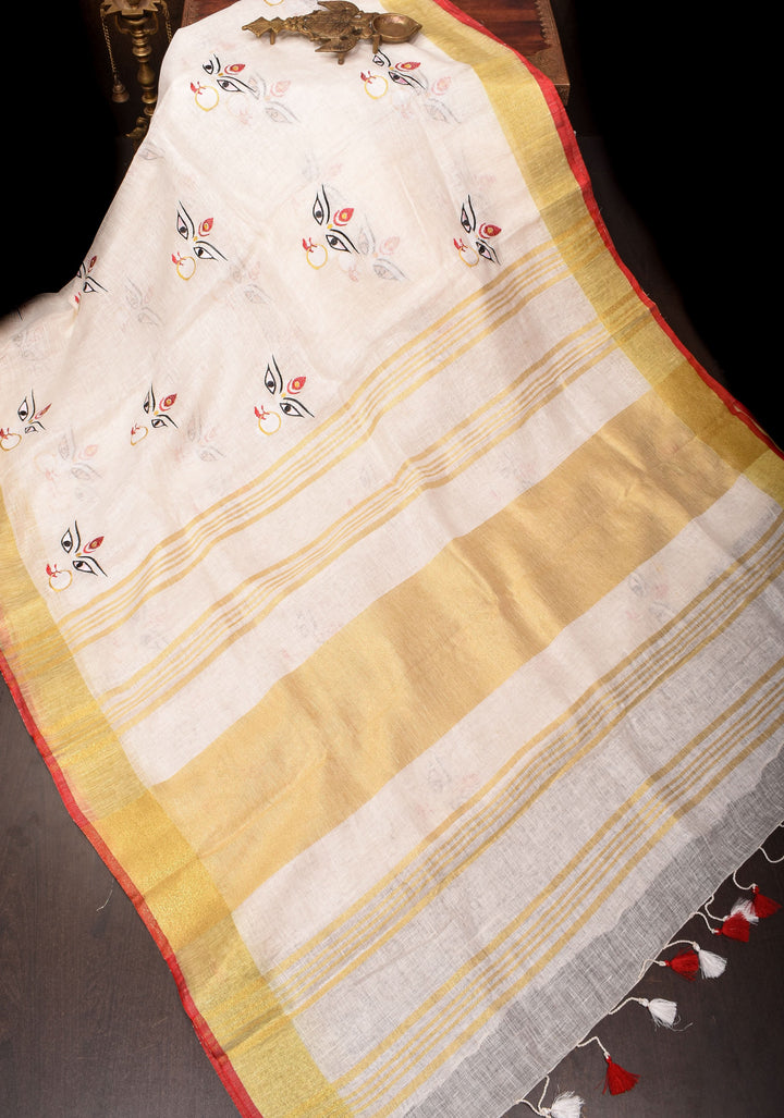Stunning White Linen Saree with Goddess Durga Motif. Top Seller Saree. Vidya Balan Favorite!