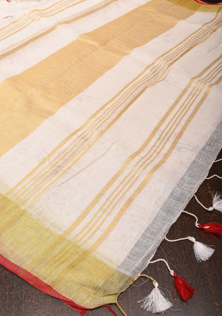 Stunning White Linen Saree with Goddess Durga Motif. Top Seller Saree. Vidya Balan Favorite!