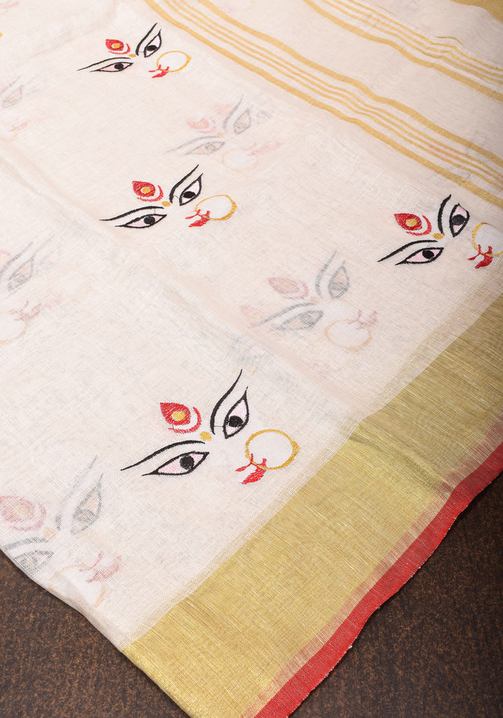 Stunning White Linen Saree with Goddess Durga Motif. Top Seller Saree. Vidya Balan Favorite!