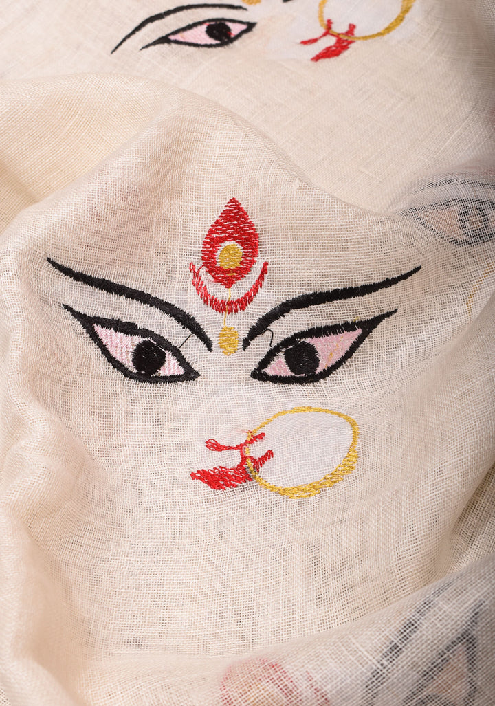 Stunning White Linen Saree with Goddess Durga Motif. Top Seller Saree. Vidya Balan Favorite!