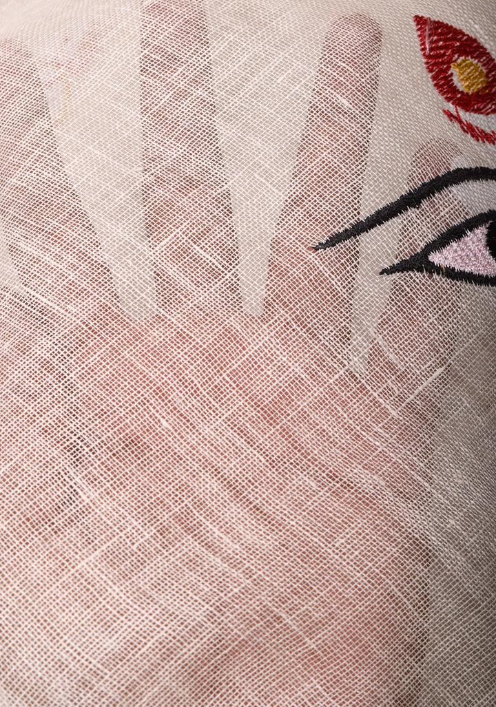 Stunning White Linen Saree with Goddess Durga Motif. Top Seller Saree. Vidya Balan Favorite!