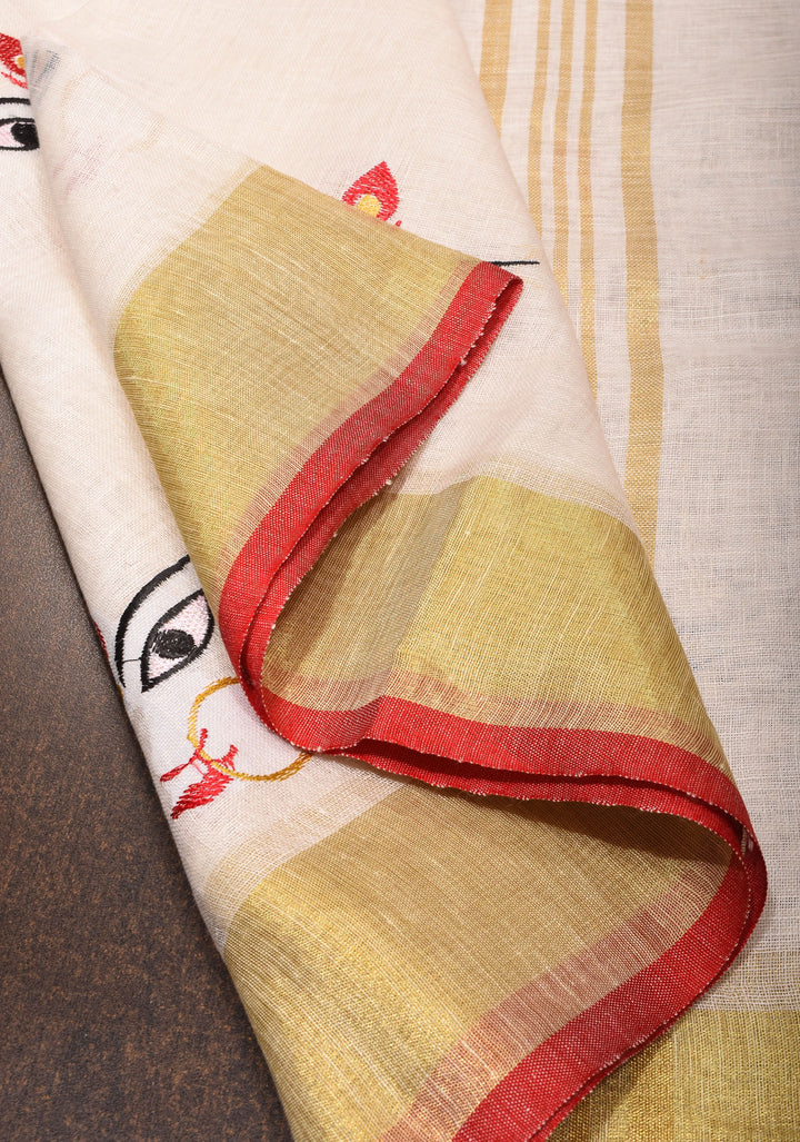 Stunning White Linen Saree with Goddess Durga Motif. Top Seller Saree. Vidya Balan Favorite!