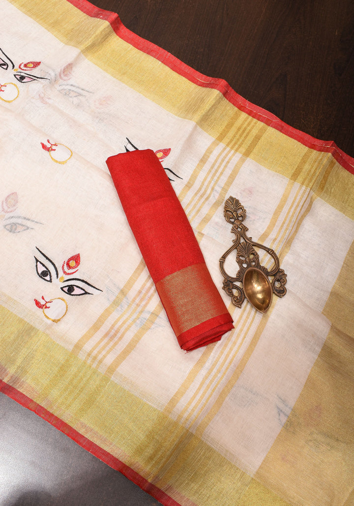 Stunning White Linen Saree with Goddess Durga Motif. Top Seller Saree. Vidya Balan Favorite!
