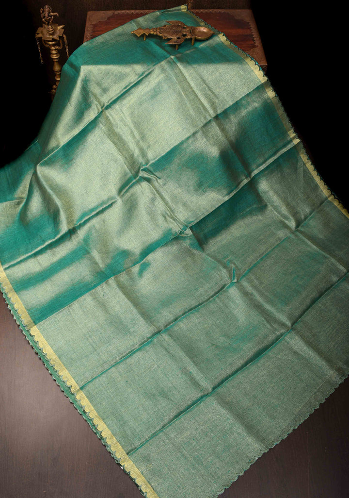 Green and Gold Tissue Linen Saree with Scallop border