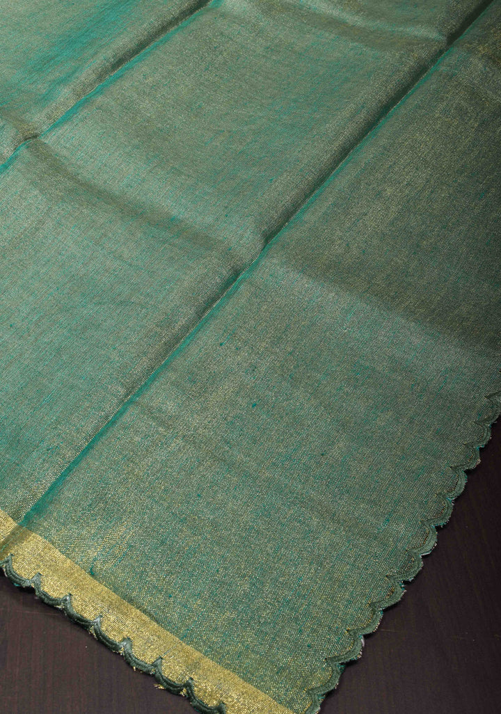 Green and Gold Tissue Linen Saree with Scallop border