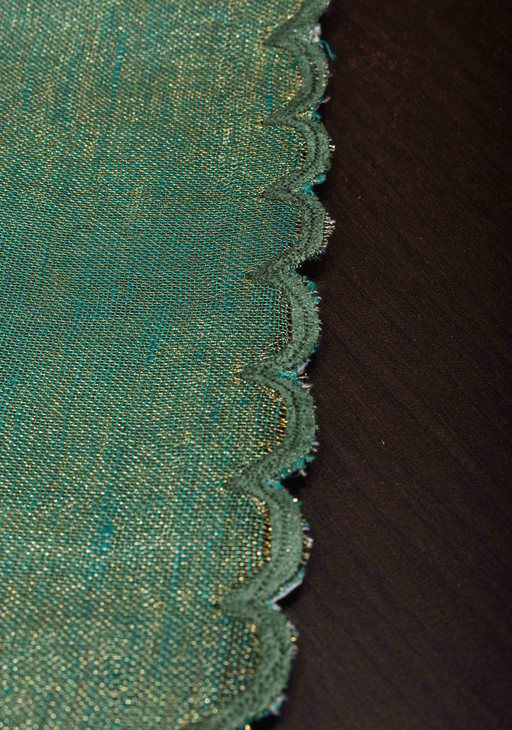 Green and Gold Tissue Linen Saree with Scallop border