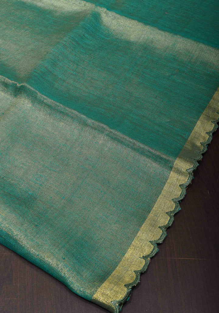 Green and Gold Tissue Linen Saree with Scallop border