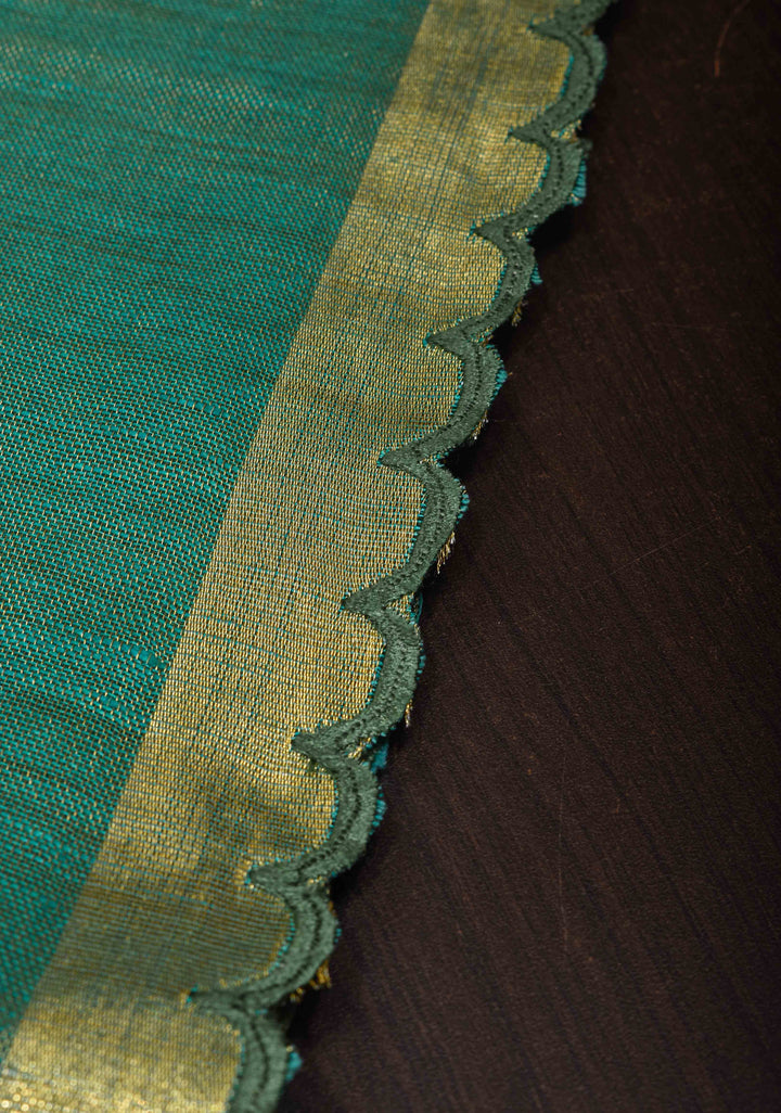 Green and Gold Tissue Linen Saree with Scallop border