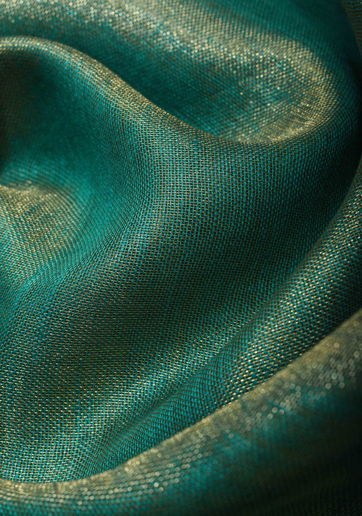 Green and Gold Tissue Linen Saree with Scallop border