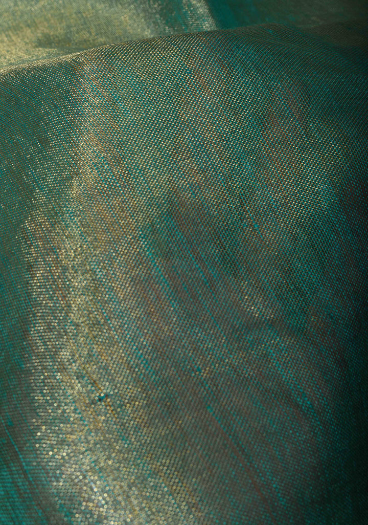 Green and Gold Tissue Linen Saree with Scallop border