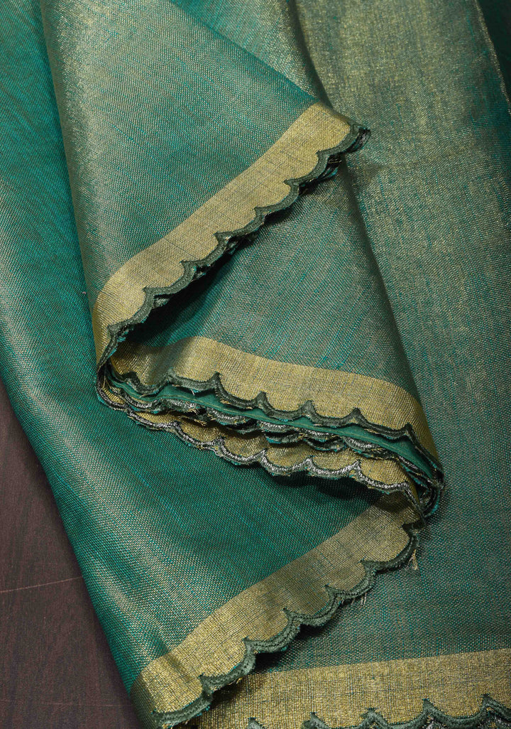 Green and Gold Tissue Linen Saree with Scallop border