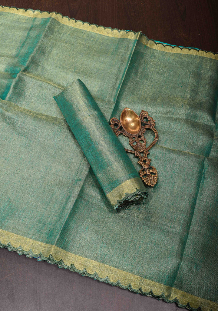 Green and Gold Tissue Linen Saree with Scallop border