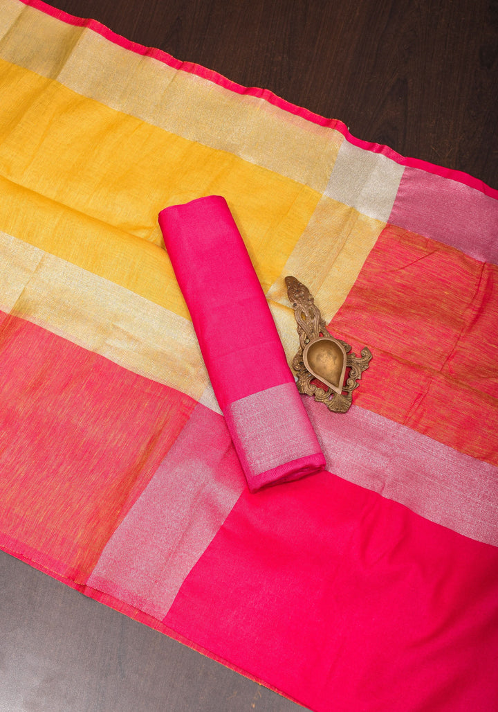 Yellow and Bright Pink Wide Border Linen by Linen Saree