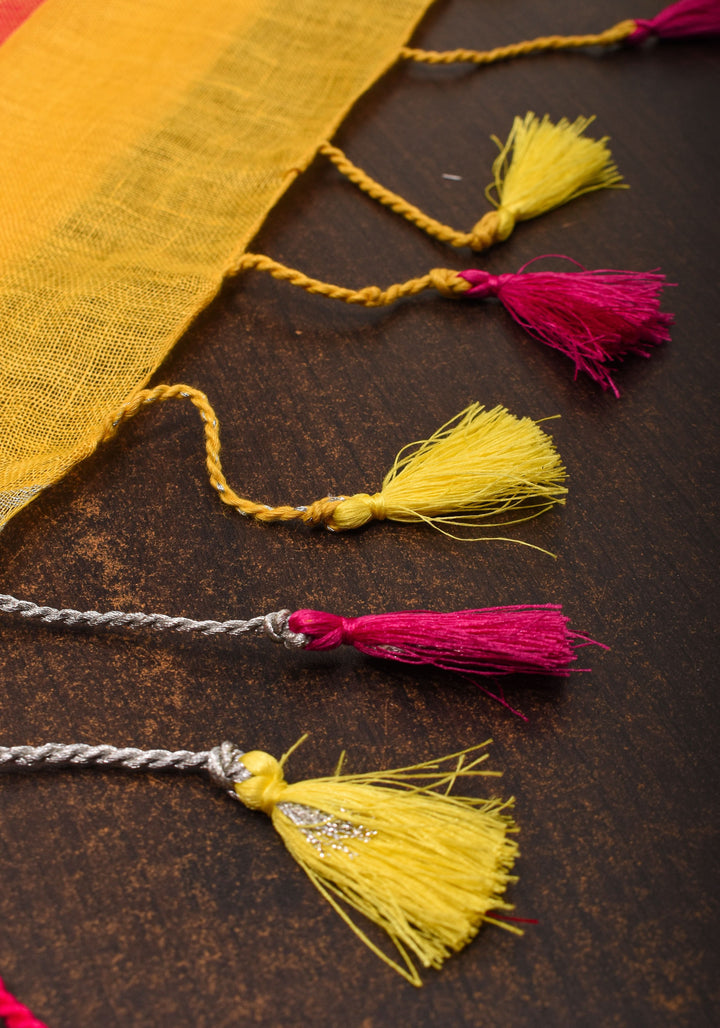 Yellow and Bright Pink Wide Border Linen by Linen Saree