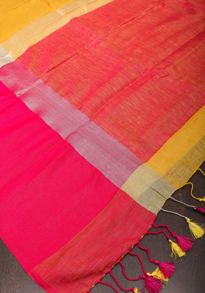 Yellow and Bright Pink Wide Border Linen by Linen Saree