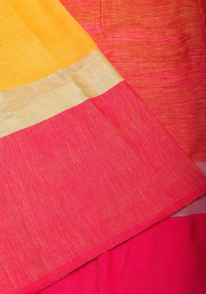 Yellow and Bright Pink Wide Border Linen by Linen Saree