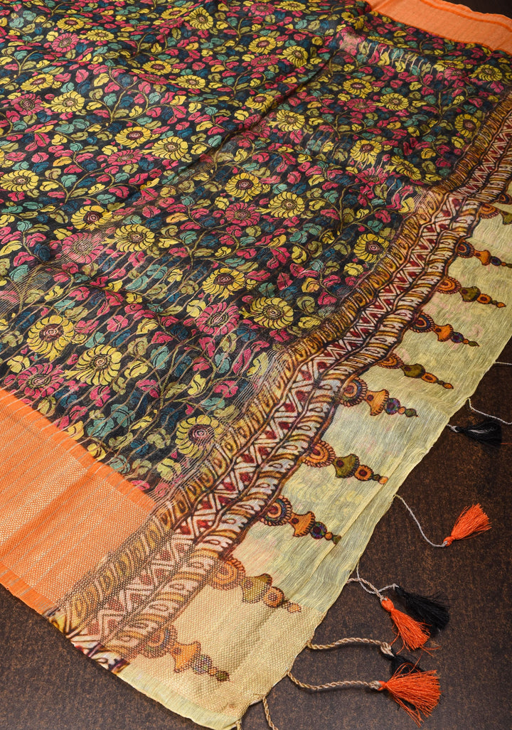 Black Green Silk Linen Saree with Floral Digital print With Orange Zari Border