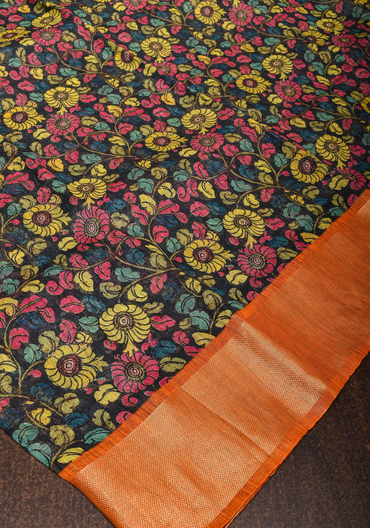 Black Green Silk Linen Saree with Floral Digital print With Orange Zari Border