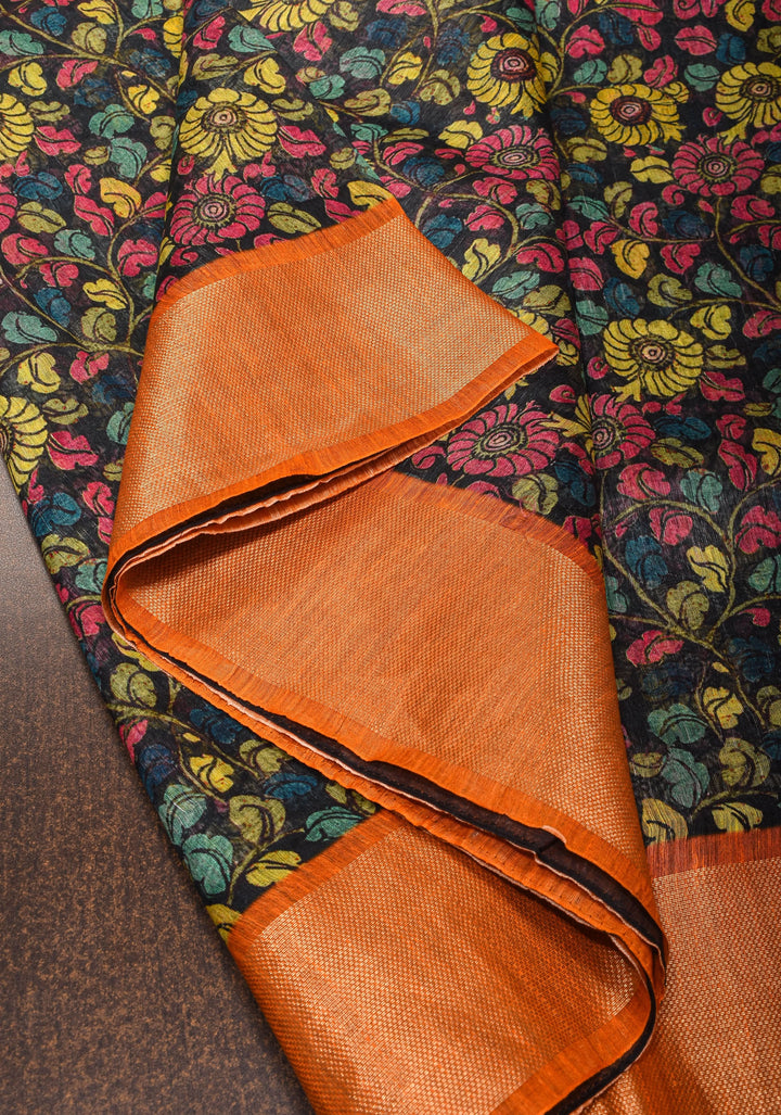 Black Green Silk Linen Saree with Floral Digital print With Orange Zari Border