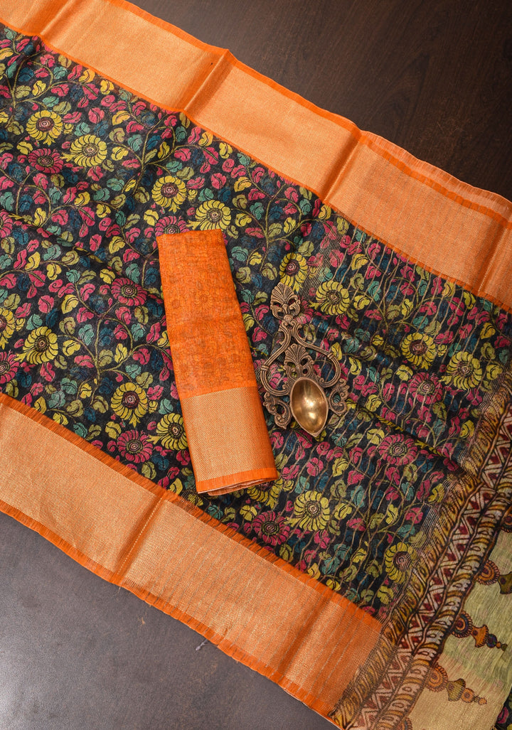 Black Green Silk Linen Saree with Floral Digital print With Orange Zari Border