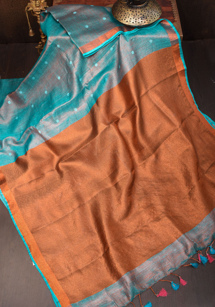 Teal Copper Tissue Stunning Tissue Linen Saree with Chunri Butis and Full Tissue Pallu!