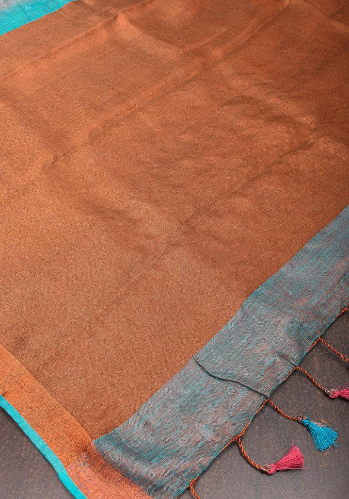 Teal Copper Tissue Stunning Tissue Linen Saree with Chunri Butis and Full Tissue Pallu!