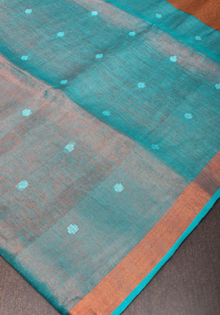 Teal Copper Tissue Stunning Tissue Linen Saree with Chunri Butis and Full Tissue Pallu!