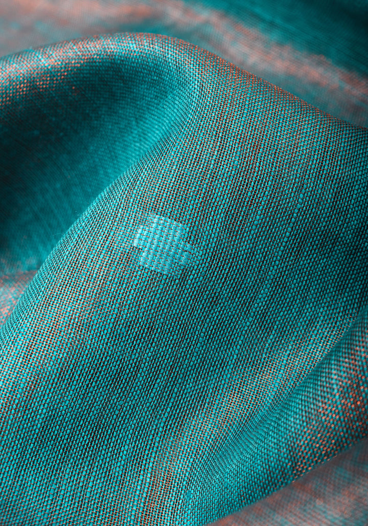 Teal Copper Tissue Stunning Tissue Linen Saree with Chunri Butis and Full Tissue Pallu!