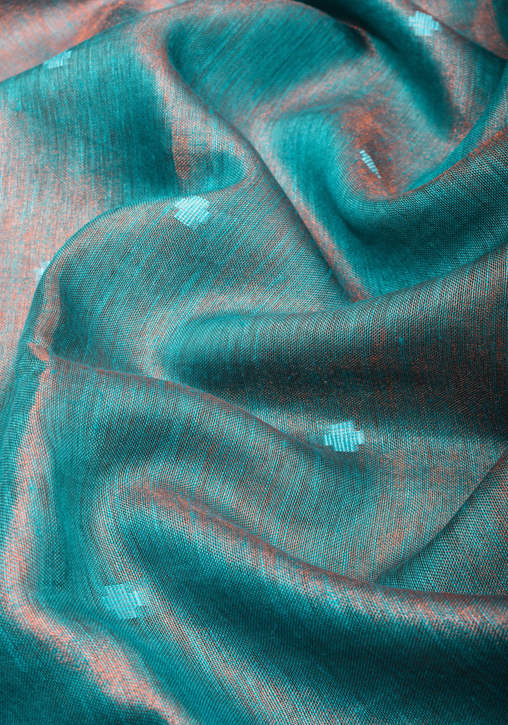 Teal Copper Tissue Stunning Tissue Linen Saree with Chunri Butis and Full Tissue Pallu!