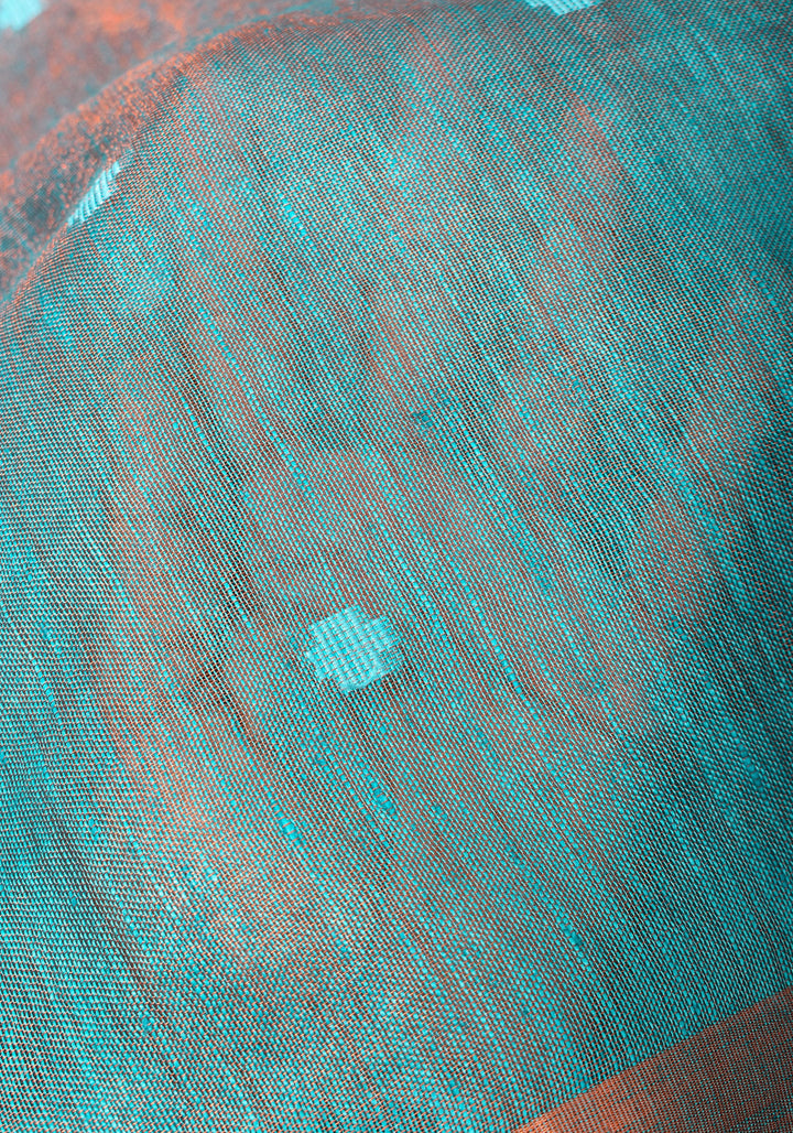 Teal Copper Tissue Stunning Tissue Linen Saree with Chunri Butis and Full Tissue Pallu!