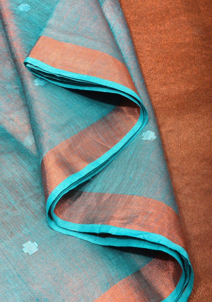 Teal Copper Tissue Stunning Tissue Linen Saree with Chunri Butis and Full Tissue Pallu!