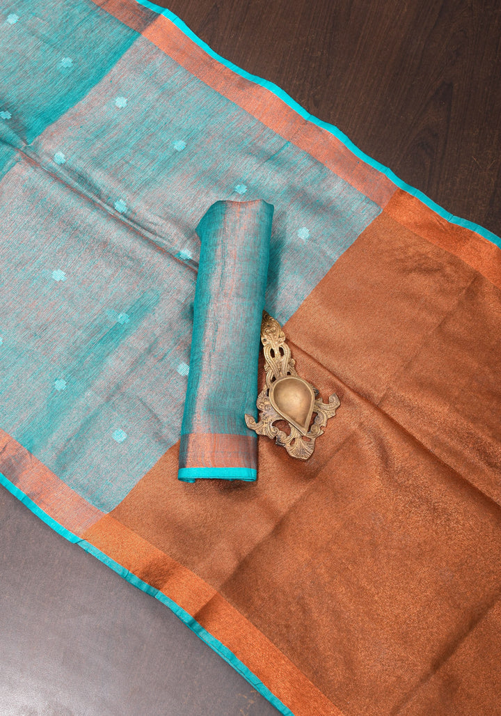 Teal Copper Tissue Stunning Tissue Linen Saree with Chunri Butis and Full Tissue Pallu!