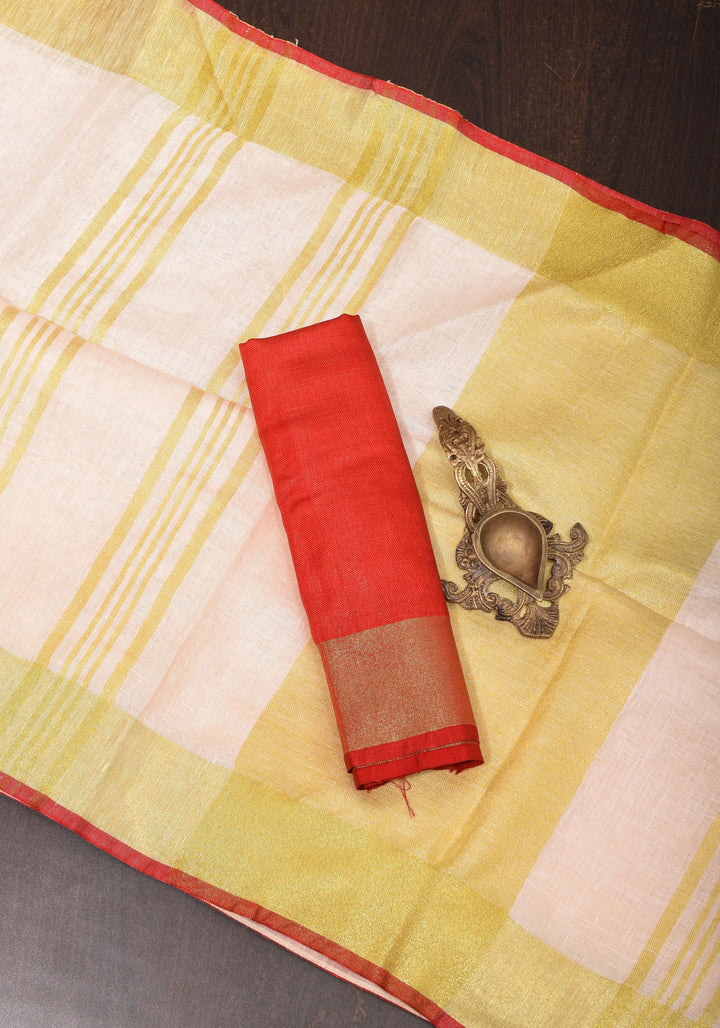 Ivory Linen by Linen saree with Red-Gold Border