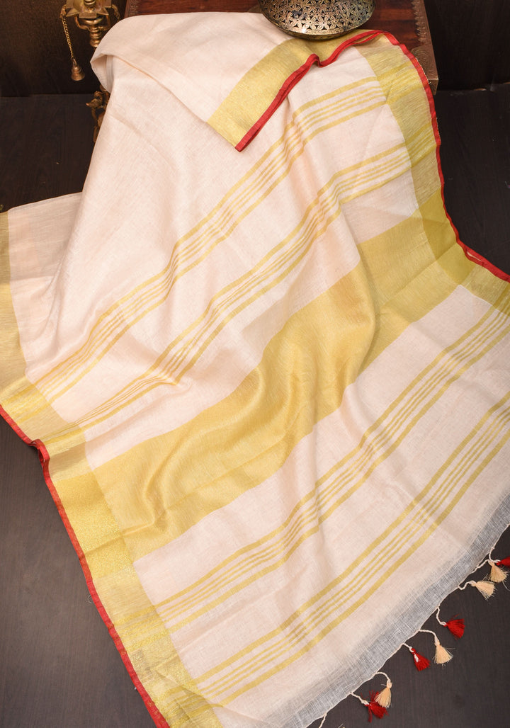 Ivory Linen by Linen saree with Red-Gold Border