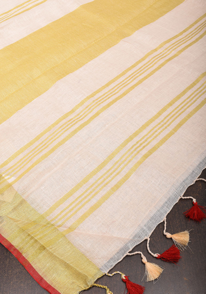Ivory Linen by Linen saree with Red-Gold Border
