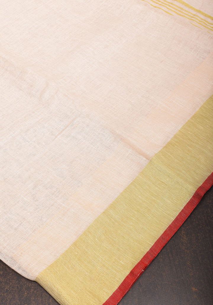 Ivory Linen by Linen saree with Red-Gold Border