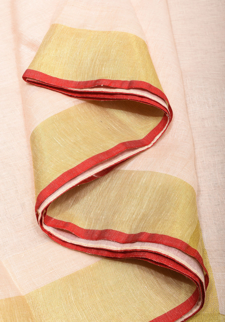 Ivory Linen by Linen saree with Red-Gold Border