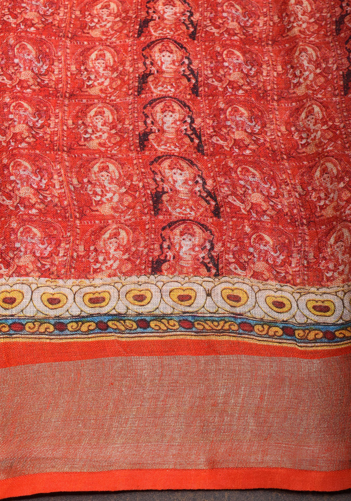 Orange Silk Linen Saree with Lord Ganesha Kalamkari Digital Print