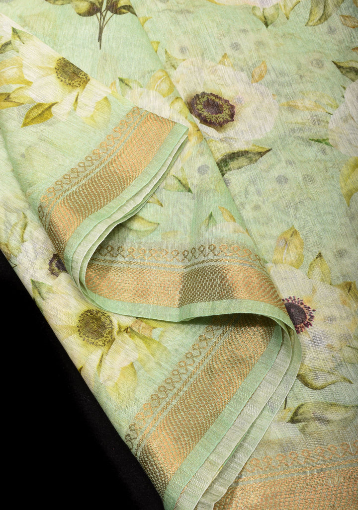 Pastel green Silk Linen Saree with Floral Digital Print