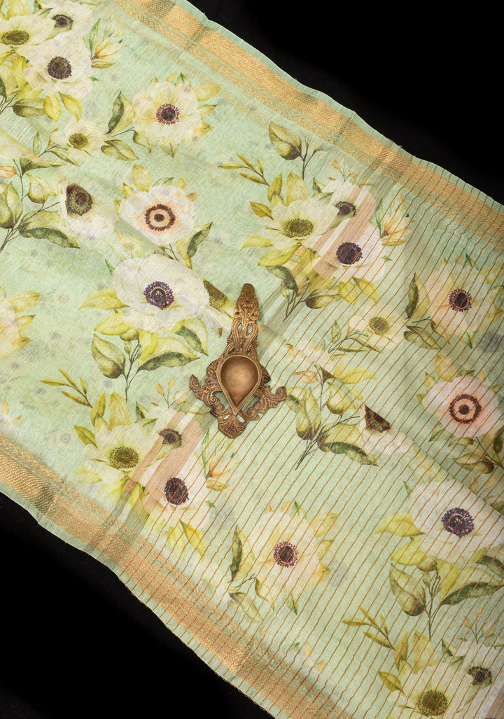Pastel green Silk Linen Saree with Floral Digital Print