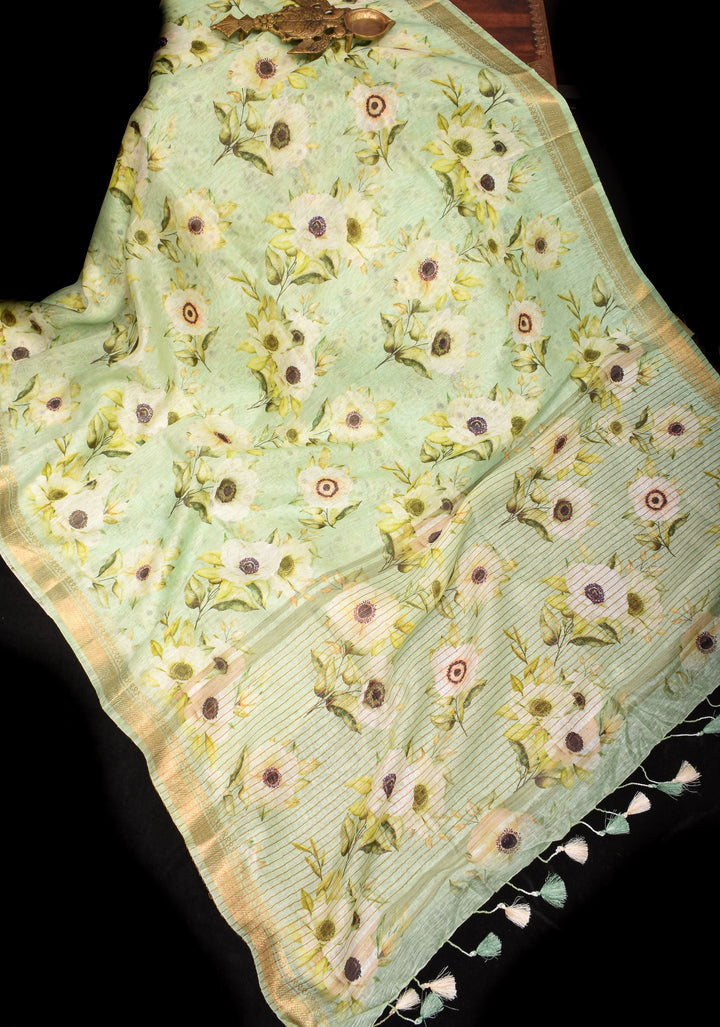Pastel green Silk Linen Saree with Floral Digital Print