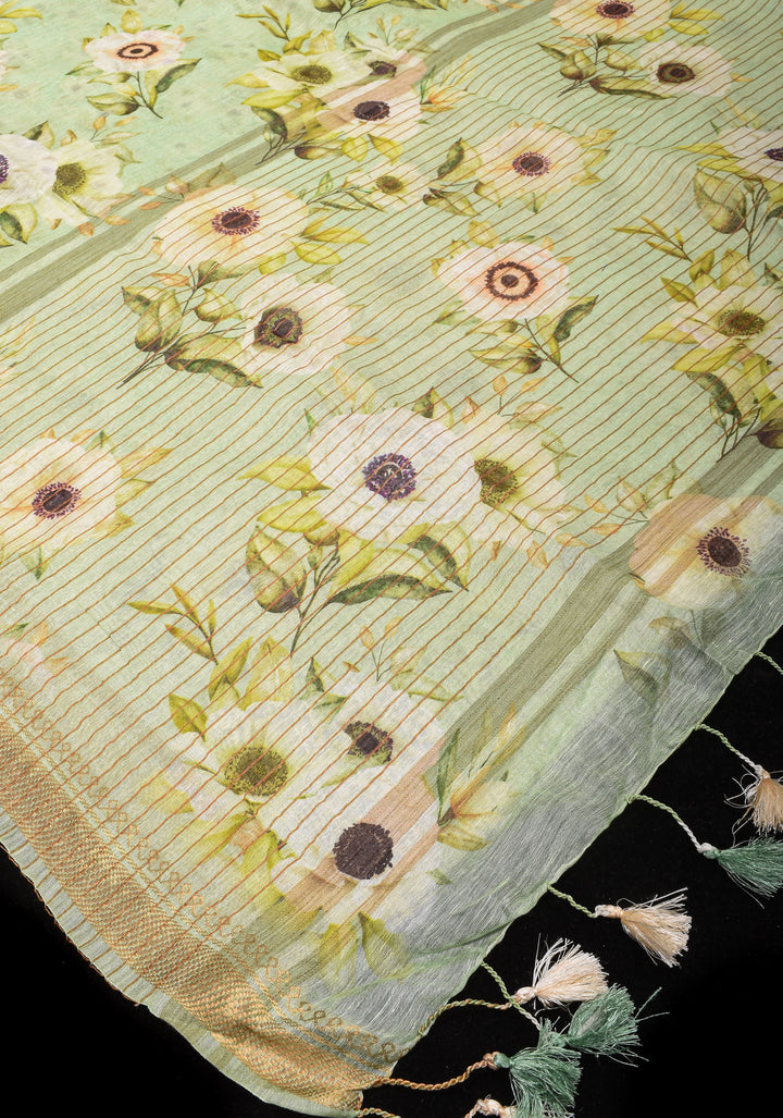 Pastel green Silk Linen Saree with Floral Digital Print