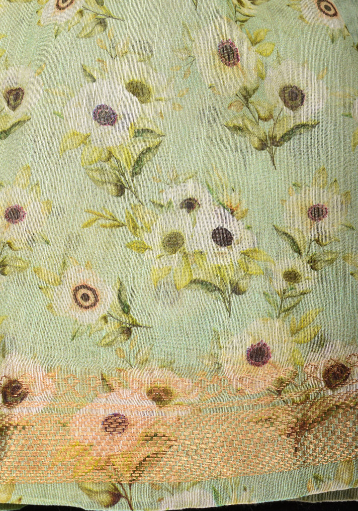 Pastel green Silk Linen Saree with Floral Digital Print
