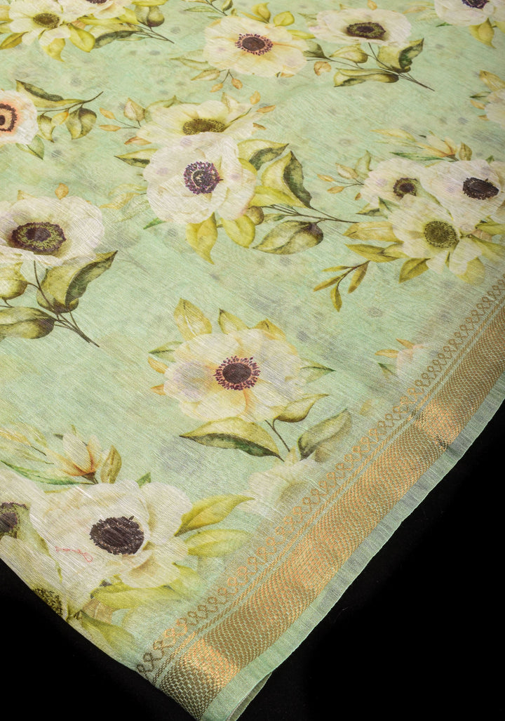 Pastel green Silk Linen Saree with Floral Digital Print