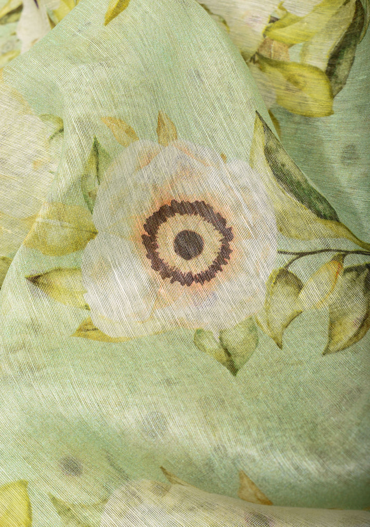 Pastel green Silk Linen Saree with Floral Digital Print