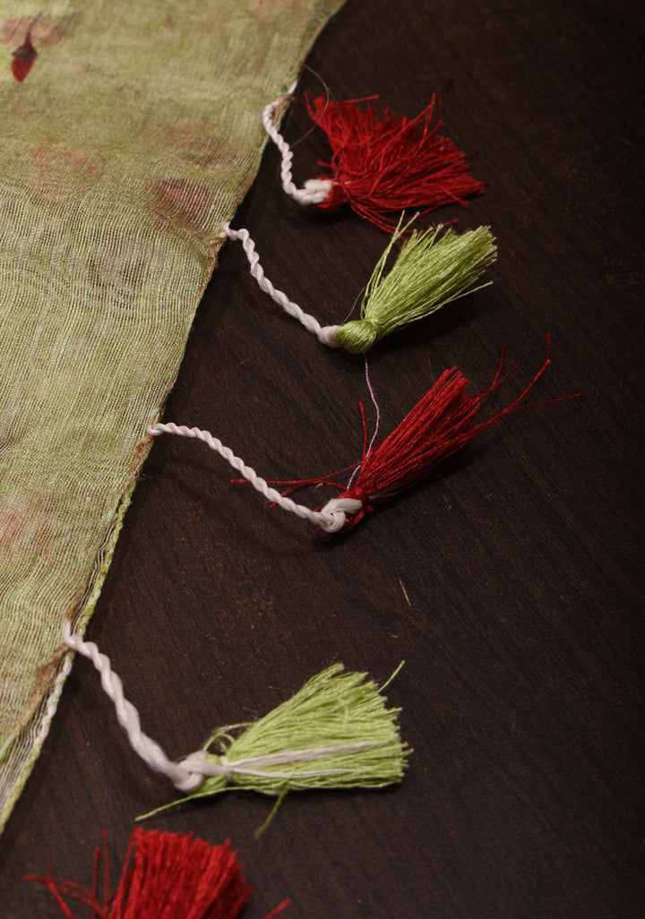 Pale Green Silk Linen Saree with Rose Floral Digital print, woven Zari Borders and long tassels